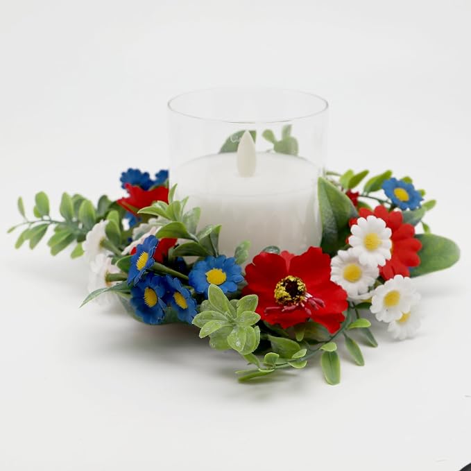 Independence Day Candle Ring 2 Pcs 3'' (Inner) 6'' (Outer) Diameter Floral Candle Rings Artificial Flowers Red-White-Blue Mini Wreaths Ideal Independence Centerpiece for Patroic Decor