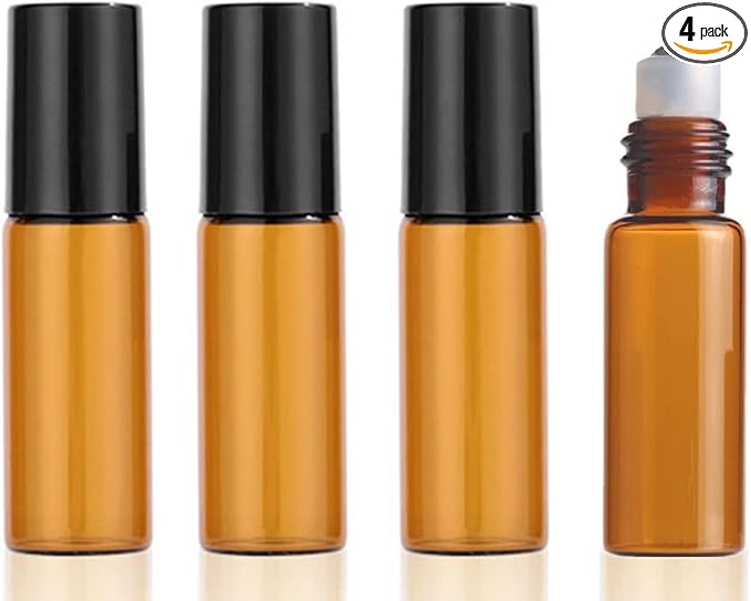 4-Pack 5ml Amber Glass Roller Bottles with Black Metal Roller Balls – Empty Refillable Essential Oil Roll On Bottles for Aromatherapy, Perfume, DIY Blends & Travel Use