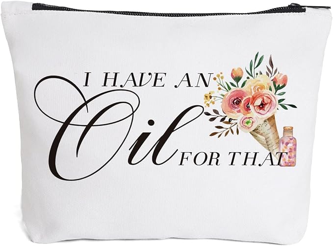 Essential Oil Bag - Essential Oil Storage - Travel Makeup Bag - Aromatherapy Travel Case - White - Letter Print - Soft & Durable Canvas - Unisex Adult - 9.5 x 7 Inches