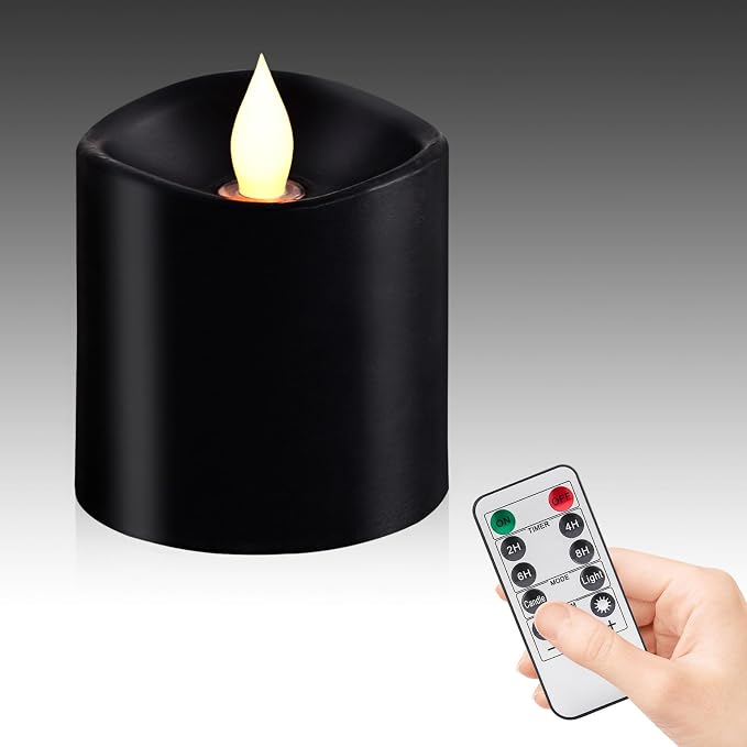 Black Flameless LED Candles - 3" x 3" Real Wax, Battery Operated with Remote Timer, 3D Flickering, Lasts 600+ Hours, Halloween & Christmas Deco (Black, 3"*3"-1pcs)
