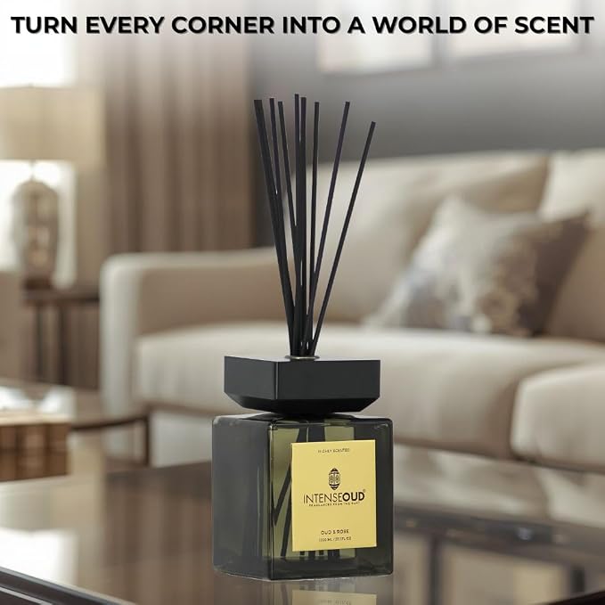 Reed Diffuser for Home with Oud & Rose Scent 1000ML (35.1 OZ) Long-Lasting Aromatherapy Diffusers with 6 Reed Sticks & Refillable Glass Holder – Up to 90 Days of Flame-Free Home Fragrance