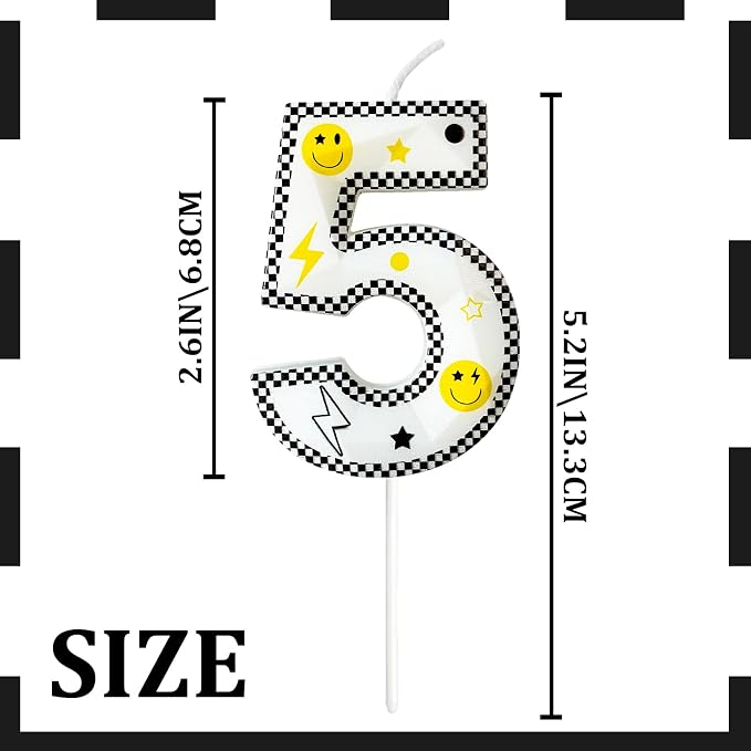 Number 5 Birthday Candle for Cake – 2.7 Inch Large Size Black White Checkered Smiley Design with Lightning & Star – five Happy Dude Theme Cake Topper Decoration