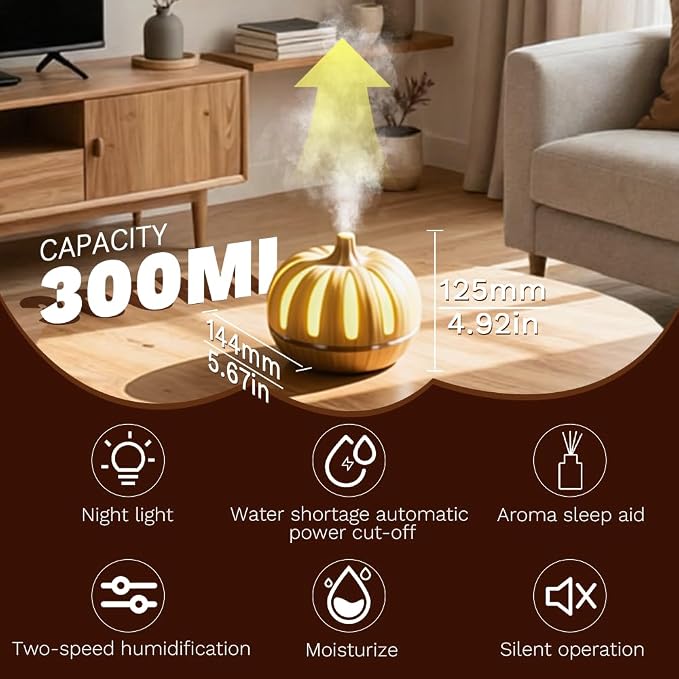 Essential Oil Diffuser 300ml for Home Bedroom, Aromatherapy Oil Diffuser with 3H 6H Timer, 7 Color Light, USB Type-C, Pumpkin Design, Auto Shut-Off(Light Woodgrain, Pumpkin)