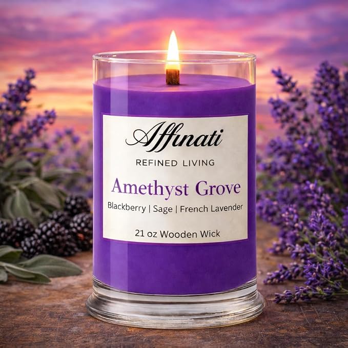 Affinati Amethyst Grove Large Scented Candle, 21 oz Wooden Wick Tumbler – Highly Fragrant Premium Long Lasting Enchanted Fragrance, Soy Blend