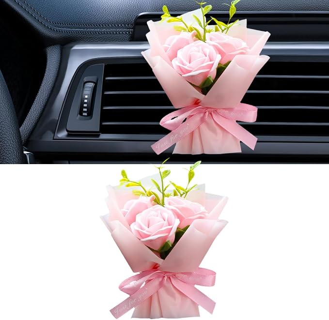 Mini Bouquet Car Air Outlet Vent Clip, Rose Car Dashboard Air Vent Trim Clips, Cute Flower Automotive Interior Diffuser Decoration Accessories for Women Present (Dreamy Pink)
