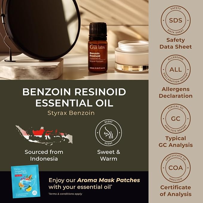 100% Pure Benzoin Resinoid Essential Oil - 0.34 Fl Oz - Benzoin Resinoid Oil for Hair, Skin, Diffuser, Aromatherapy & DIY Candle Making Scent