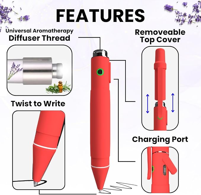 Aromatherapy Writing Pen Battery with Real Ink Tip and Hidden Diffuser Port, Soft Touch Ballpoint for Note Taking, Signature, and On-The-Go Relaxation, Rechargeable Wellness Gift for Office (Red)