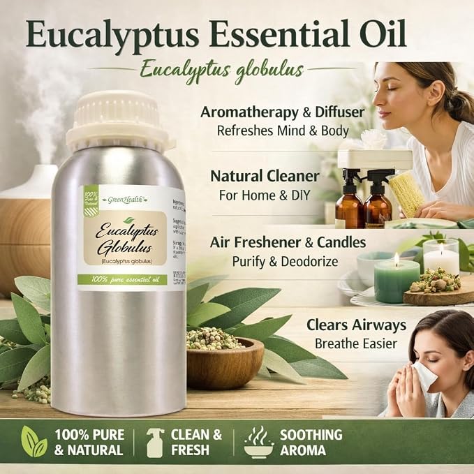 GreenHealth - Eucalyptus Globulus Essential Oil – 16 fl oz (473 ml) Aluminum Bottle w/Plug Cap – 100% Pure, Uncut, Undiluted