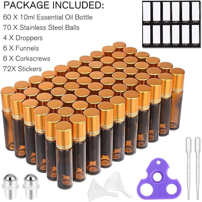 PrettyCare 60 Pack, 10 ml Essential Oil Roller Bottles with Stainless Steel Roller Ball - Bulk Refillable Leak-proof Empty Thick Amber Glass Roll on Bottles with Metal Caps for Travel, Perfume