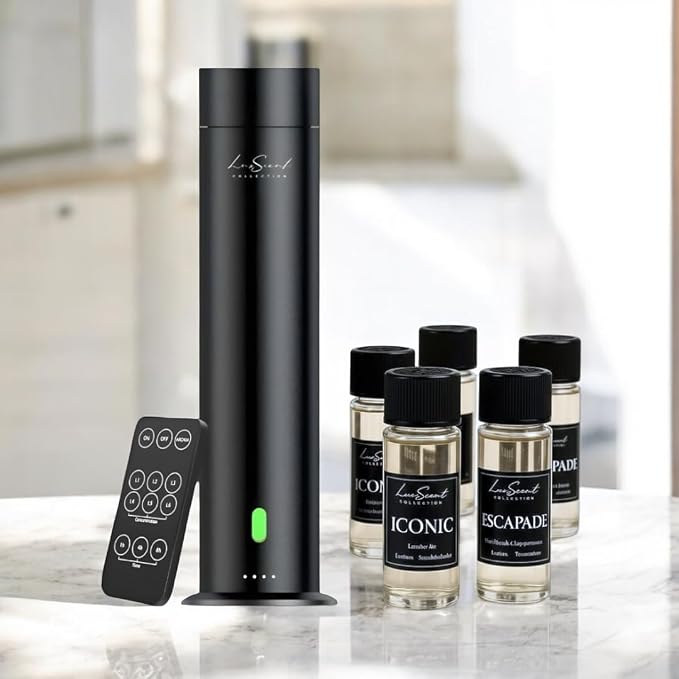 Wireless Aroma Diffuser Scent Oil - Home Luxury Portable Scent Diffuser - Remote Control Waterless Diffuser - 1000 sq. ft Coverage - Essential Oil 20ml Sample Pack Included - Aromatherapy (Black)
