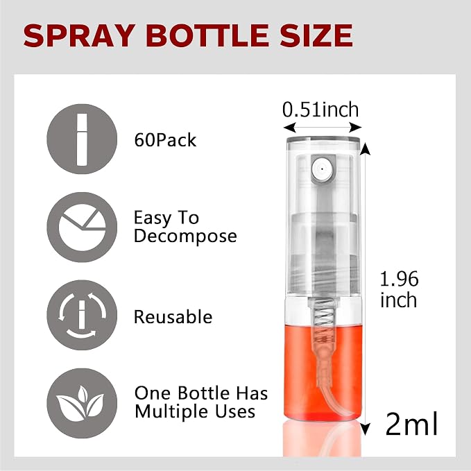 Mini Spray Bottle 2ml, Refillable Glass Spray Bottle, Glass Bottle Atomizer, Perfume Mouthwash Atomizer for Cleaning Refillable Container for Travel, Essential Oils, Perfume 60 Pcs, 2ml