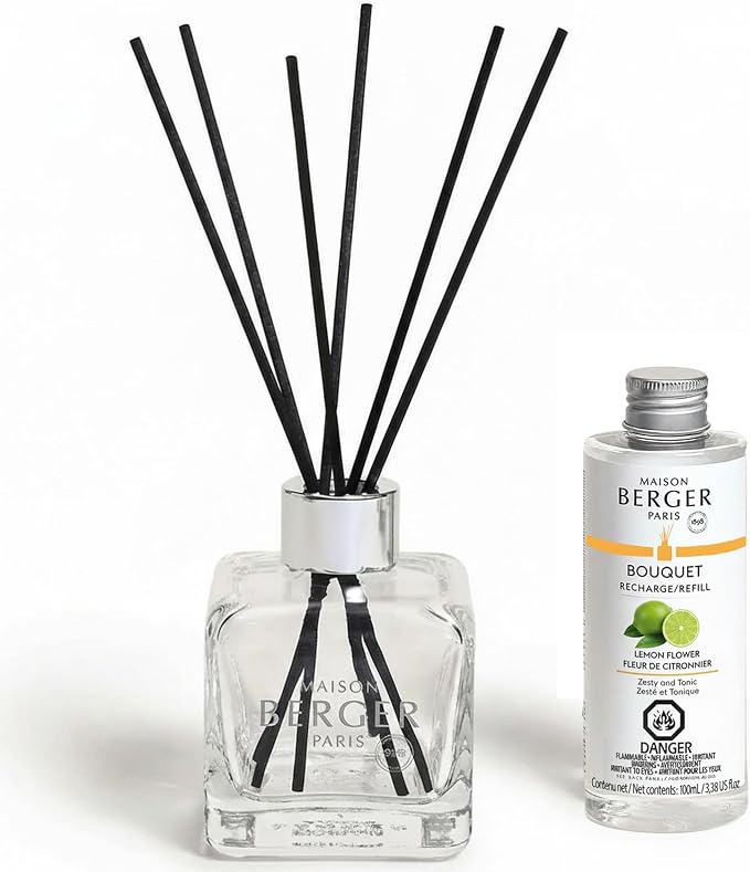 MAISON BERGER Reed Diffuser Bouquet, 100 ml, Lemon Flower | Clear Glass Bottle, 8 Reed Sticks, 100 ml Refill, Up to 6-Week Passive Diffusion, No Flame, Made in France