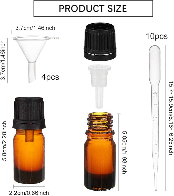 BENECREAT 24 Packs 5ml Brown Glass Essential Oil Bottles with Orifice Dropper Reducer, Plastic Droppers, Hoppers and Labels for Aromatherapy Fragrance Cosmetic Oils