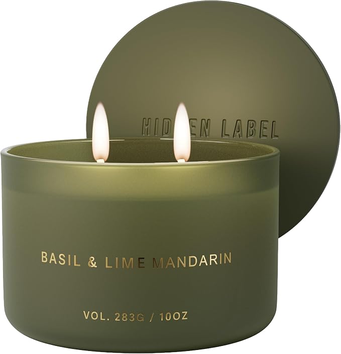 Hidden Label Basil Lime Mandarin Soy Candle, 10oz 2-Wick, 45H Kitchen Fresh | Herbal Citrus Aromatherapy | Non-Toxic Vegan Phthalate-Free | Even Melt No Tunneling | Sage Frosted Reusable Gift Jar