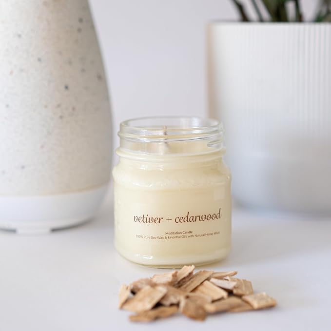 Meditation Soy Wax Candle, Relaxing and Banishing Negative Energy, Non-Toxic Handpoured Glass Jar Candle - Clean Burning, Long Lasting, Candles for Home, Fragrance (Vetiver + Cedarwood)