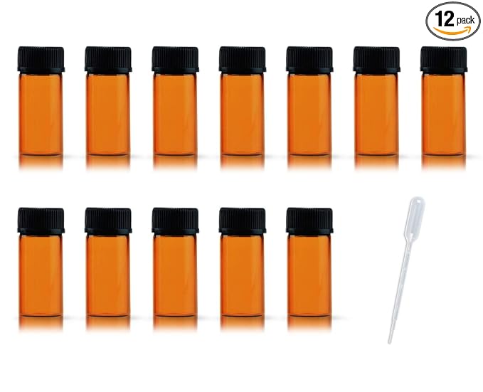12 Pack Set Brown Screw Cap Glass Bottle Small Mini Empty Oil Vial (3ml)