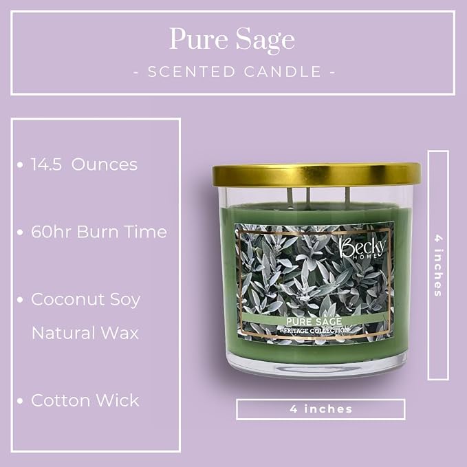 14.5oz Pure Sage Scented Candles for Home, 60 Hrs Soy Wax Candle for Cleansing House, Aromatherapy & Manifestation, Candle Gifts for Men and Women