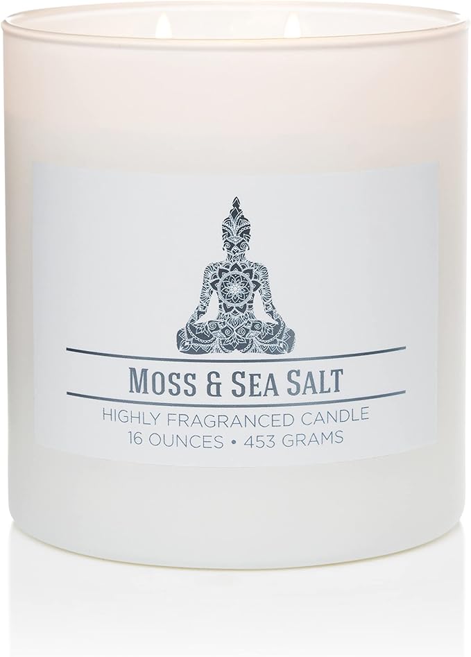 Carolina Moss & Sea Salt Scented Candle, 16 oz Wellness Relaxing Aromatherapy Candle, 2 Wick White Jar Soy Blend Wax, Candles for Home, 60H Burn - Made in The USA