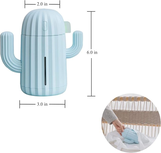Mini Humidifier Single Room Humidifiers with Night Light Portable Cactus Air humidifier for for Yoga, Office, spa, Bedroom，Baby Room，Silica Gel Diffuser for tap Water only (Blue)