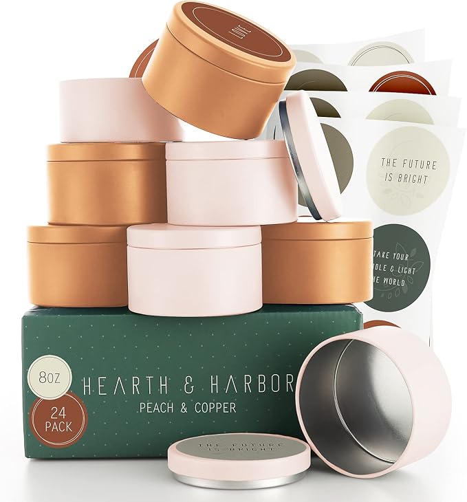 Hearth & Harbor Tin Candle Jars for Making Candles - DIY Candle Containers with Lids - Metal Candle Jars - Bulk Tins Storage for Candle - (24 Pieces) - (8 Ounces) - Solid Peach and Copper