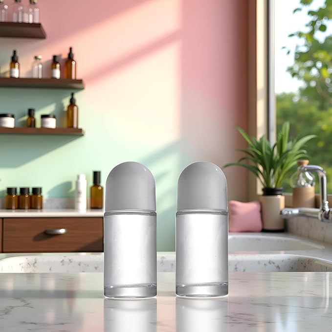 2Pcs White 50ML Glass Empty Roller Bottles with Plastic Roller Ball, Deodorant Roll On Containers Leak Proof Massage Ball Bottles with Cap for Essential Oil Perfume Cosmetics