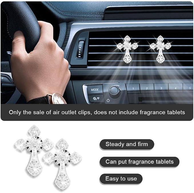 2PCS Car Air Vent Clip, Car Diffuser, Bling Car Dashboard Air Vent Trim Clip, Cross Air Conditioning Outlet Clip for Women Girls, Silver