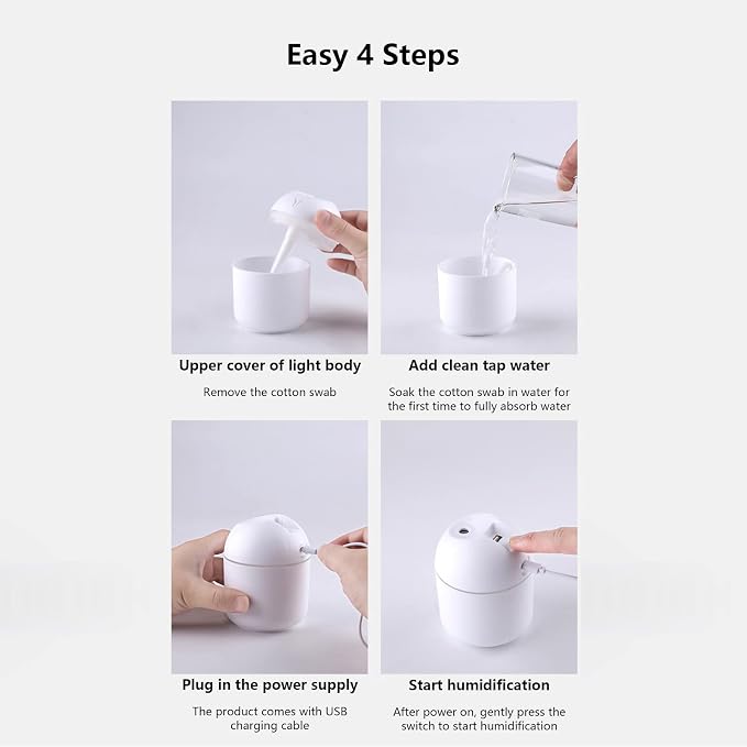 Portable Mini Humidifier, USB Personal Desktop Air Humidifier for Baby Bedroom Travel Office Home with Light, 300ml Small Cool Mist Humidifier, Essential Oil Diffusers Easy Clean