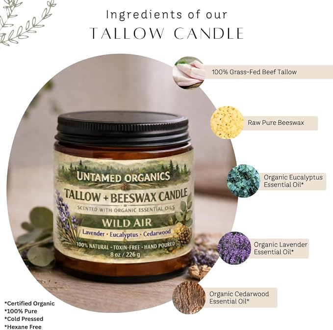 Untamed Organics Grass-Fed Tallow Candle, Essential Oil Scented (Lavender Eucalyptus Cedarwood), No Synthetic Fragrance, Non-Toxic, 100% Cotton Wick, Hand Poured, 8 oz Amber Glass Jar, 50+ Hr Burn