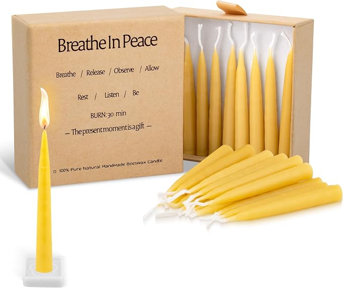 30 Minute Beeswax Meditation Candles, 100% Pure Bees Wax Mini Taper Candles with Small Holder - Smokeless & Dripless & Non-Toxic, Prayer Gift for Relaxation Yoga Women, 24Pcs