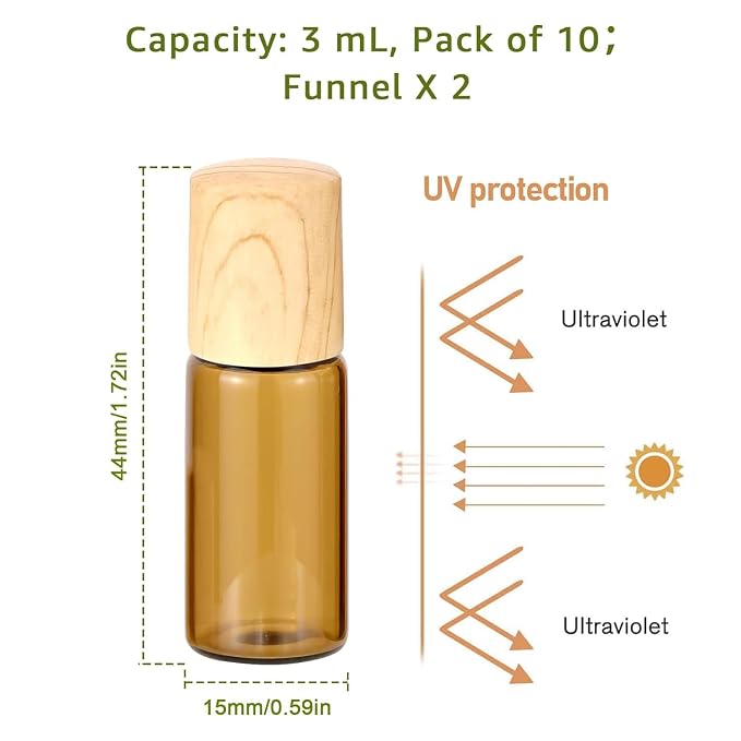 10Pcs 3ml Essential Oil Roller Bottles Empty Amber Glass Roll-on Vials for Perfumes Lip Balms, Leak Proof Travel Size, Refillable Sample Containers with Funnels
