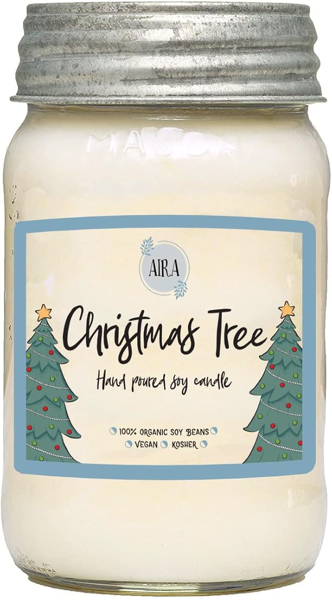 Aira Soy Candles - Organic, Kosher, Vegan, in Mason Jar w/Essential Oils - Hand-Poured 100% Soy Candle Wax - Paraffin Free, 110+ Hours - Pine Scent Holiday Candle - Christmas Tree Scent - 16 Ounces