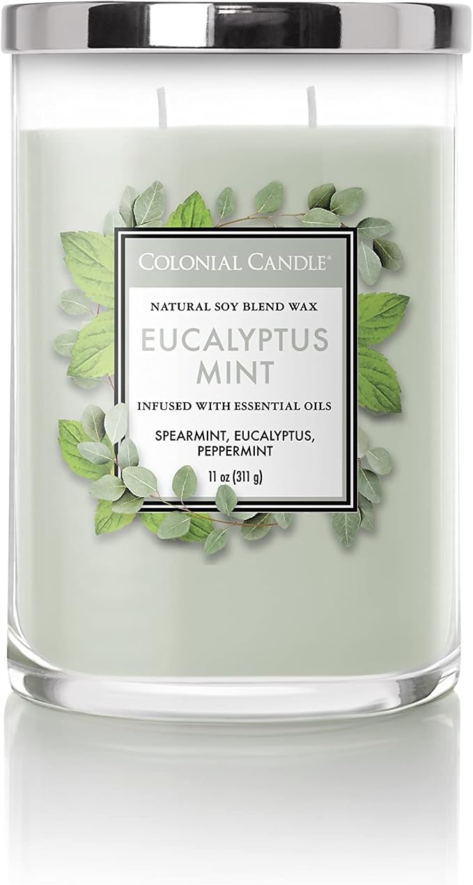 Colonial Candle Eucalyptus Mint Scented Jar Candle, Classic Cylinders Collection, 2 Wick, Green, 11 oz - Up to 80 Hours Burn