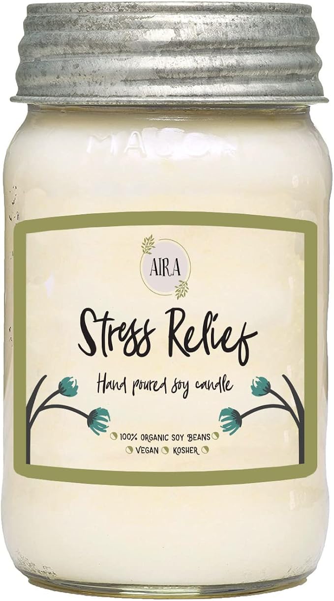 Aira Soy Candles - Organic, Kosher, Vegan, in Mason Jar w/Therapeutic Grade Essential Oil Blends - Hand-Poured 100% Soy Candle Wax - Paraffin Free, Burns 110+ Hours -Relaxing Stress Relief -16 Ounces