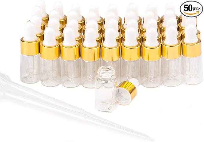Sample Dropper Bottles, Mini Dropper Bottles with 2 Pcs Plastic Droppers for Traveling Essential Oils DIY Cosmetic Liquid Sample Perfume (Gold, 2ML)