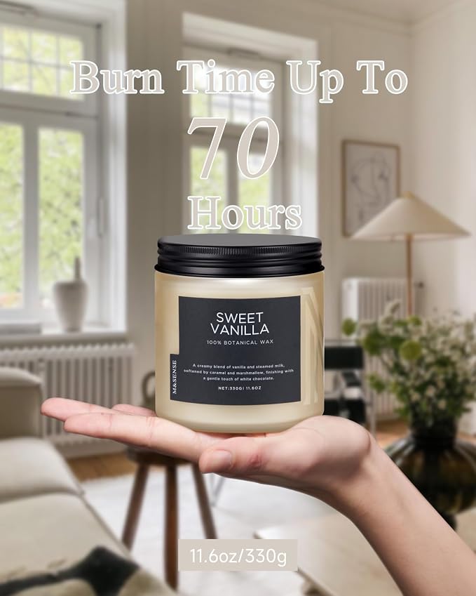 M&SENSE Vanilla Scented Candles for Home, 11.6oz Natural Soy Wax, 70-Hour Long Lasting Burning, Non Toxic Clean Burn, Warm Smelling for Stress Relief Spa, Housewarming Gift for Family Friends