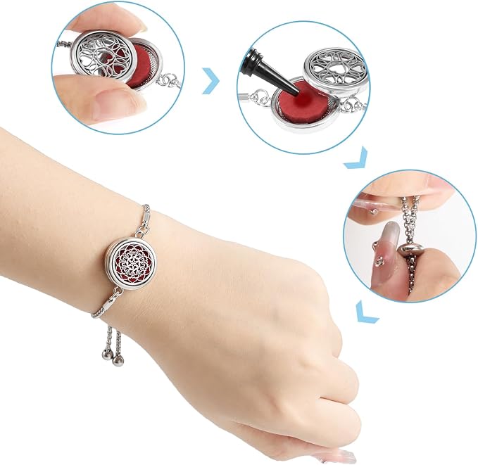 Essential Oil Diffuser Bracelet Aromatherapy Locket - Adjustable Stainless Steel Heart with 10 Pcs Refill Pads for Women Girls