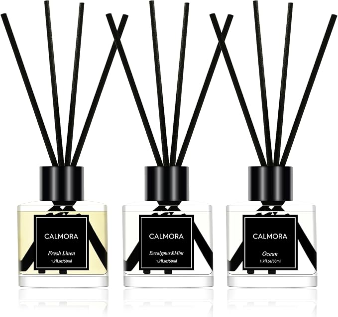 CALMORA Reed Diffuser Set of 3, 50ml Fresh Linen/Eucalyptus & Mint/Ocean Scented Oil Diffuser with 15 Sticks | Home Fragrance for Bedroom, Bathroom, Office & Living Room