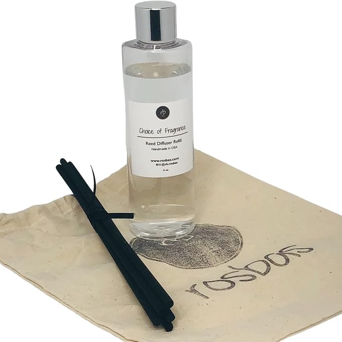 rosbas Sandalwood Reed Diffuser Refill Set - Black Reeds - 6 fl oz Bottle in a Drawstring Cotton Bag - High Performance Fiber Reeds - Handcrafted in USA