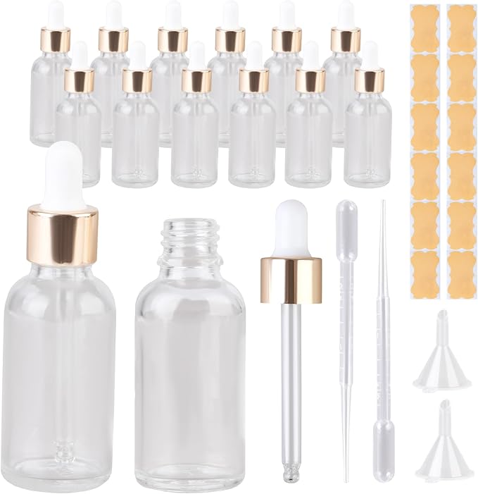 Glass Dropper Bottles, Clear, 1 oz Capacity, Leak-Proof, Cylindrical Shape with Glass Eye Dropper, 12 Pack for Essential Oils, Tinctures, Aromatherapy
