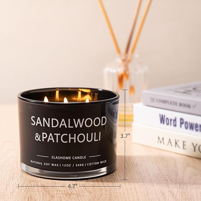 Sandalwood & Patchouli Scented Candle, Luxury Large 3 Wick Soy Candle 12 Oz, 60+ Hour Long Lasting Clean Burn, Elegant Aromatherapy Home Decor, Housewarming & Birthday Gift for Men & Women