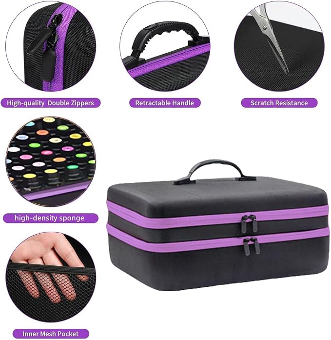 204 Slots Essential Oil Organizer Case, Hard Shell Storage Box for 1ml-15ml Bottles, Extra Large Double Layer Portable Travel Bag for Aromatherapy Vials & Peptides, Black with Purple