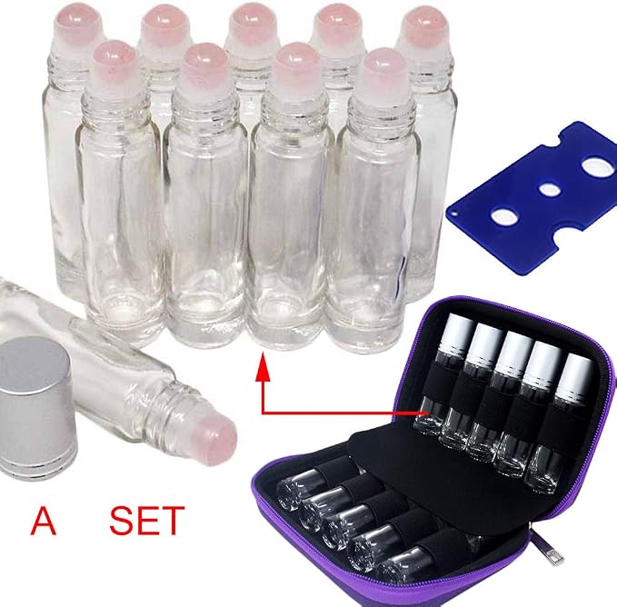 fengshuisale 10pcs Clear 10ml Empty Refillable Glass Bottles with Crystal Semiprecious Stones Essential Oil Gemstone Roller Ball Bottles with Silver Lid with Free Bag W3900 (Rose Quartz)