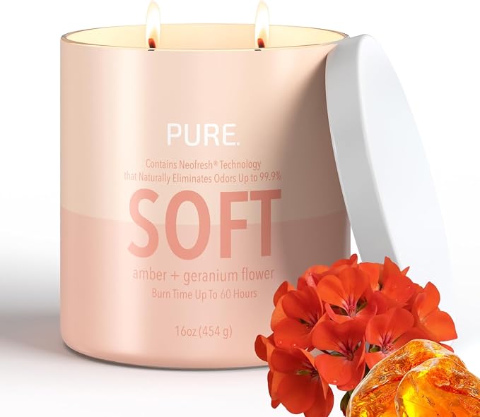 Candle-Lite Pure Amber & Geranium Flower Odor Eliminating Scented Candles, Neofresh Technology Eliminates 99.9% of Odors, 16 oz 2-Wick Jar, Proudly Poured in The USA, Up to 60 Hours Burn Time
