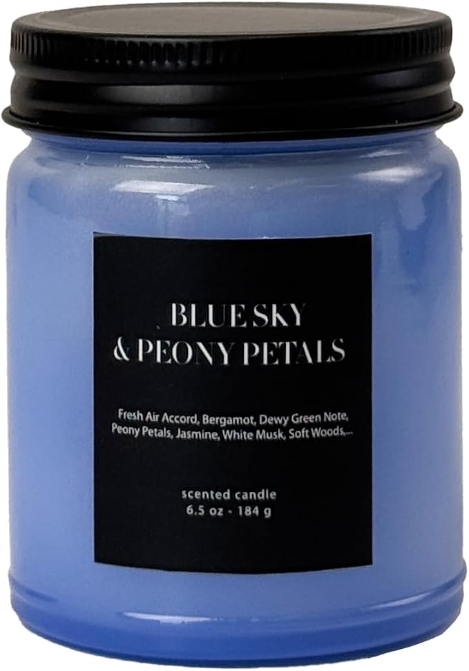Blue Sky & Peony Petals Scented Candle 6.5oz – CW Studio Color-Sprayed Glass Jar, Fresh Floral Spring Aroma – Gift for Women, Birthday & Bridal Shower – 30-35 Hour Burn