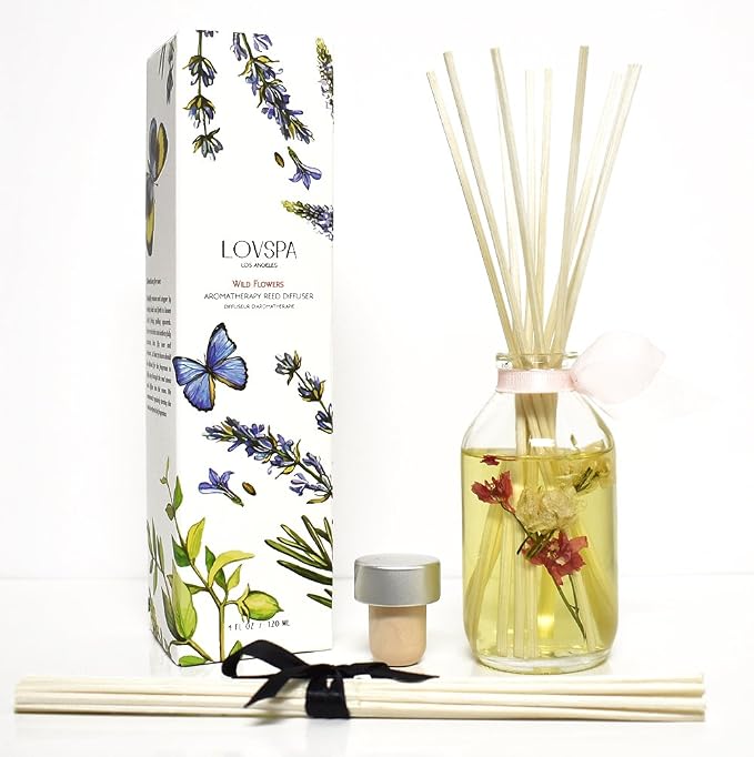 Wild Flowers Diffuser Set, Bathroom Decor, Home Fragrance, Spa Scent | Rose, egyptian jasmine, and sweet pea profile, guest bath, decorative glass bottle, powder room, entryway, office shelf