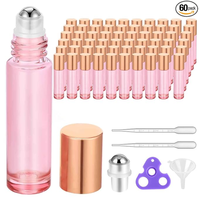 PrettyCare 60 Pack, 10 ml Essential Oil Roller Bottles with Stainless Steel Roller Ball - Bulk Refillable Leak-proof Empty Thick Pink Glass Roll on Bottles with Metal Caps for Travel, Perfume