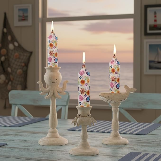 5 inch Short Candle Floral Candle Sticks Seashell Printed Candles Stick Handmade Unscented Taper Candle 4 Pack Flower Tapered Candles for Evening Wedding, Bohemian Seaside Theme Home Decor