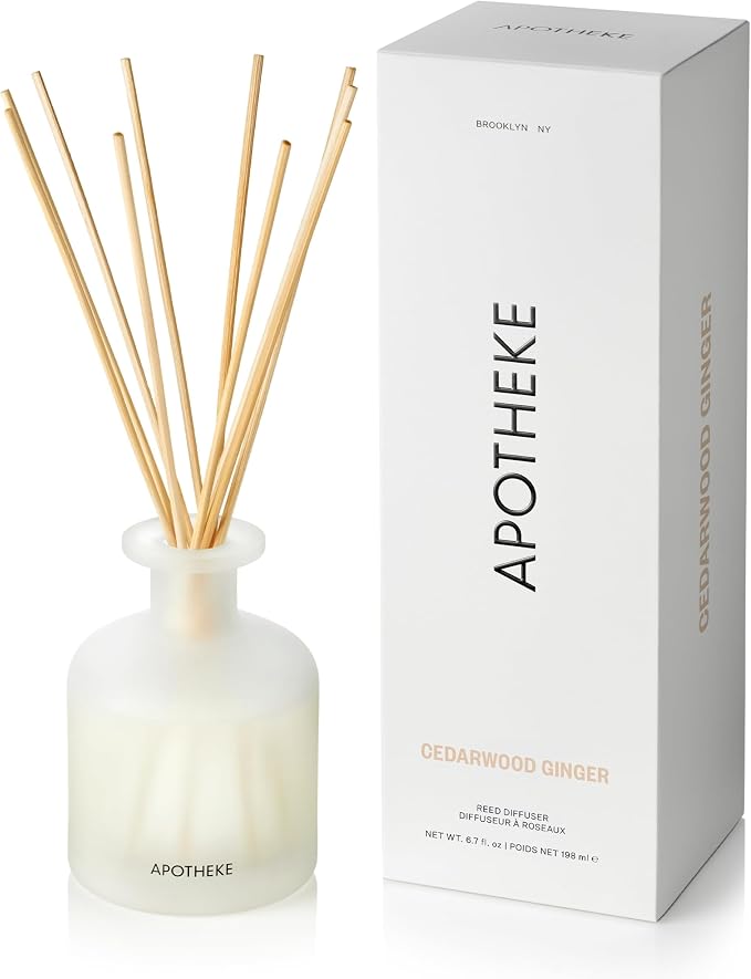 Apotheke Luxury Scented Reed Diffuser for Home, Cedarwood Ginger - 6.7 Fl Oz Essential Oil Aromatherapy - 10 Rattan Scent Sticks Room Diffuser - Long-Lasting Fragrance for Bedroom, Home, Bathroom