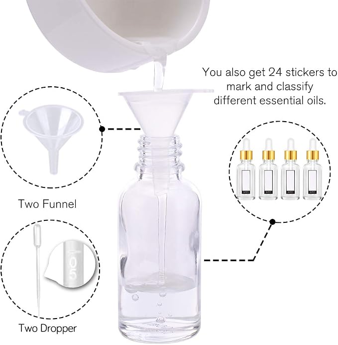 PrettyCare Glass Eye Dropper Bottles 2oz (60ml), 12 Pcs Clear Empty Thick Bottles Bulk with Leakproof Golden Caps - With Labels & Funnels for for Storage, Travel,Essential Oils, DIY Serums, Tincture