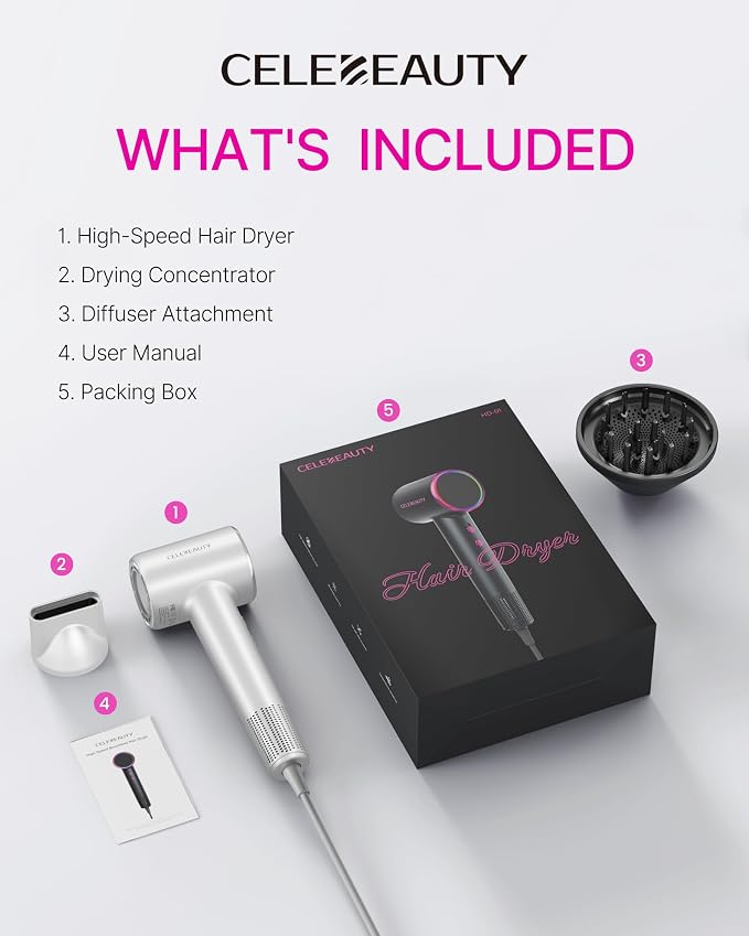 Hair Dryer Blow Dryer with Magnetic Diffuser & Nozzle, 110000 RPM Brushless Motor Ionic Hairdryer for Fast Drying & Frizz Control, Lightweight Low Noise Blowdryer for Home Travel Salon, All Hair Types